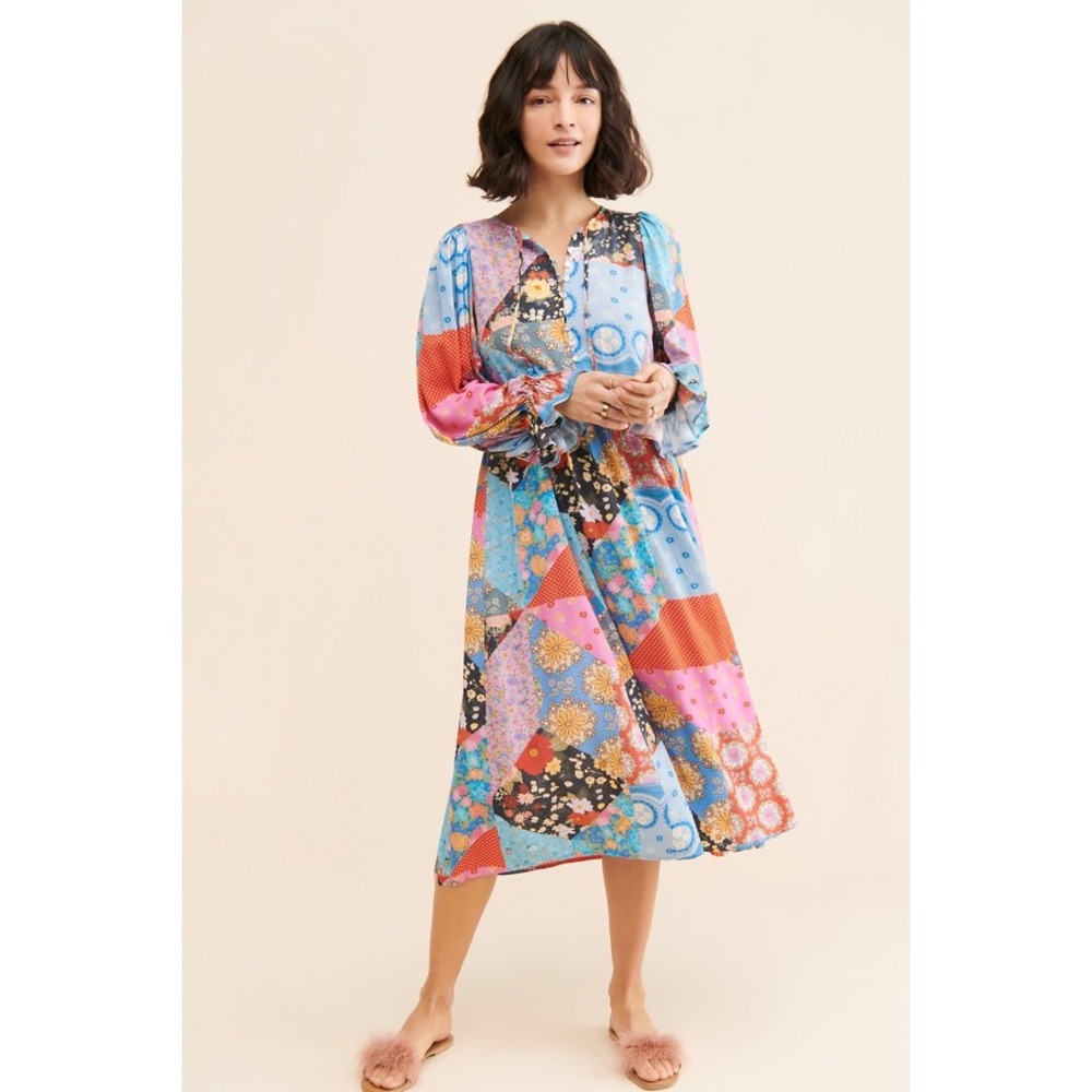 Spell Cha Cha Dress Patchwork Floral Boho Midi Multi Color Balloon Sleeve Medium